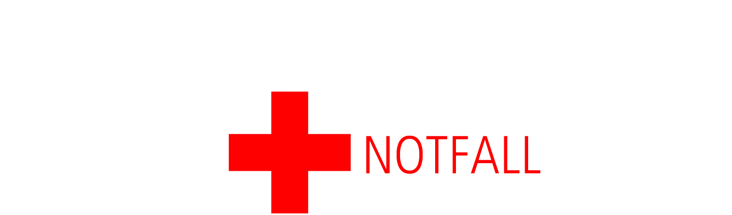 in einer Zeile sind eine rotes Kreuz und Schriftzug Notfall abgebildet