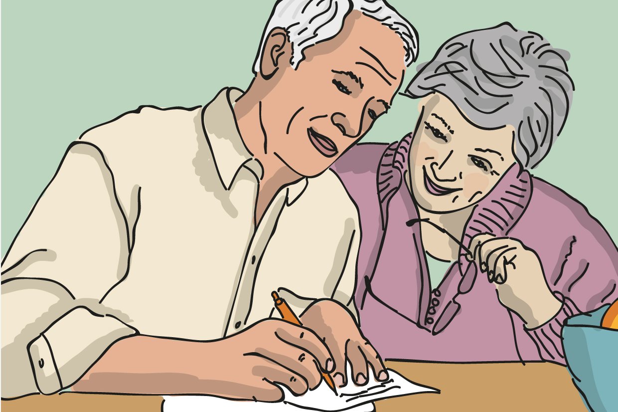 Zeichnung von einem Ehepaar, das sich gemeinsam über ein Dokument beugt, auf das der Mann etwas schreibt.