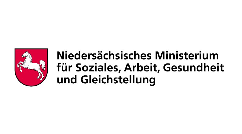 Logo des Niedersächsischen Ministeriums für Soziales, Arbeit, Gesundheit und Gleichstellung - Schriftzug und Wappen von Niedersachsen - steigendes, weißes Pferd auf rotem Grund