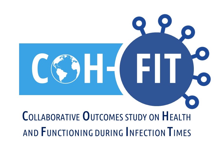 Das Logo der Coh-Fit-Studie: auf einem hell-blauen viereckigen Hintergrund stehen drei große Buchstaben COH- und auf einem dunkel-blauen, kreisförmigen Hintergrund drei große Buchstaben FIT