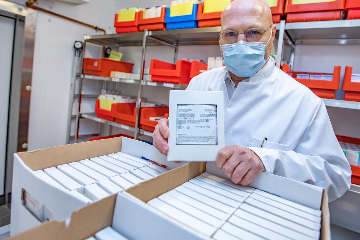 Professor Dr. Rainer Blasczyk shows frozen blood plasma in the cold room of the Institute for Transfusion Medicine and Transplant Engineering.