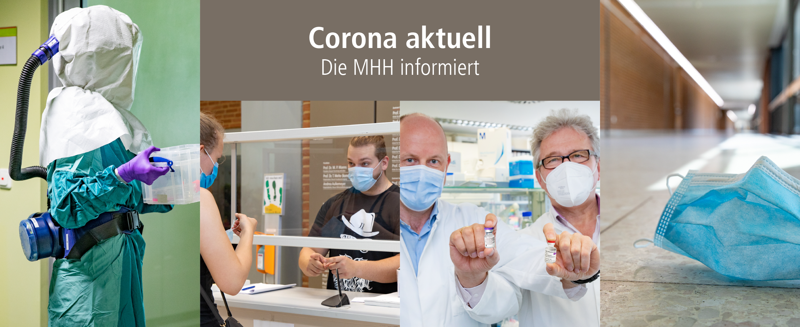 Collage mit Fotos zum Thema Corona und Aufschrift: "Corona aktuell: Die MHH informiert"