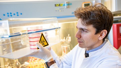 A young scientist sits at a workbench in the laboratory and shows cell cultures.