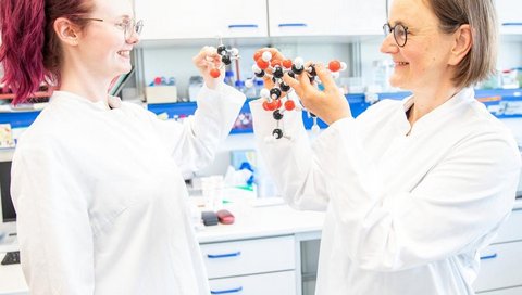 Two female scientists are standing in a laboratory, holding molecular models of a sugar molecule in their hands.