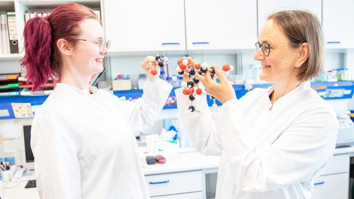 Zwei Wissenschaftlerinnen stehen in einem Labor und halten Molekülmodelle eines Zuckerbausteins in den Händen.