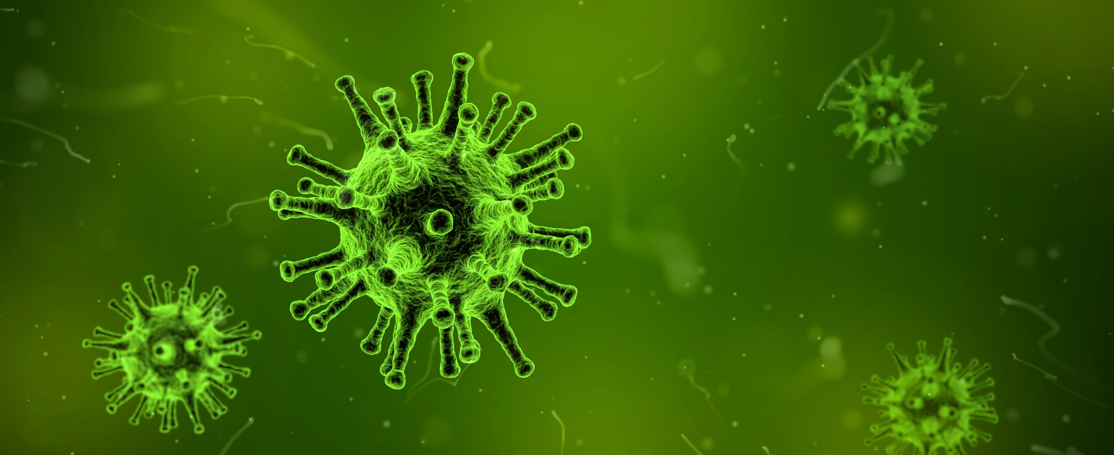 Elektronenmikroskopisches Bild von Viren vor grün-fluoreszierendem Hintergrund