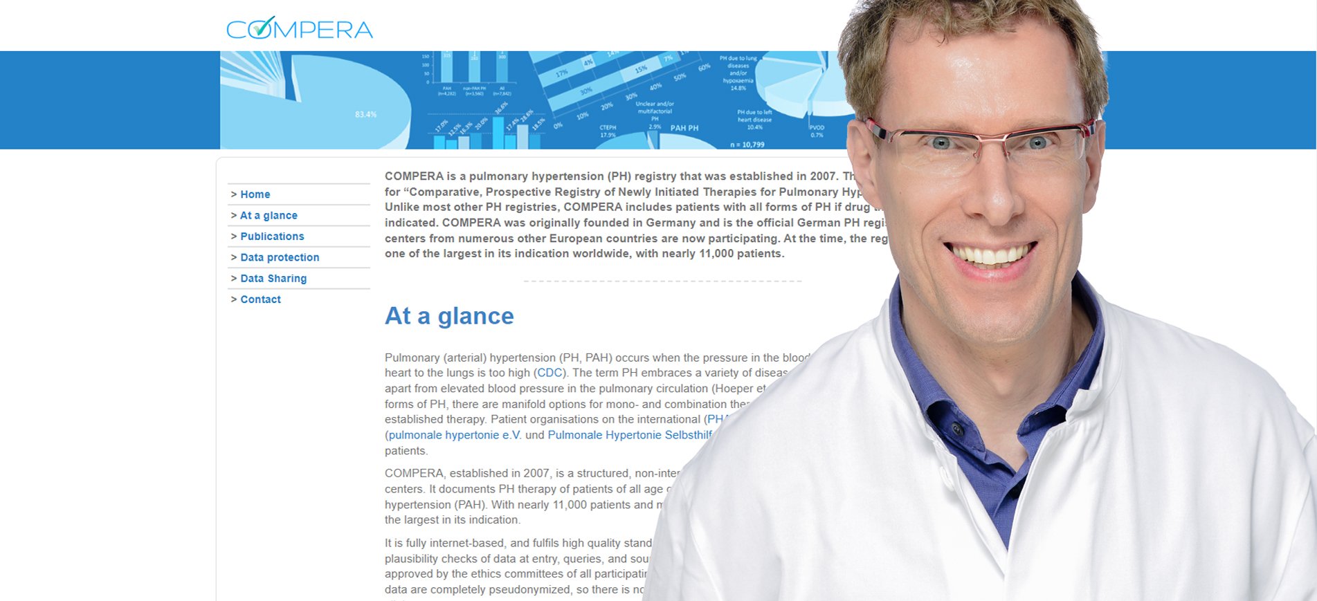 Professor Dr Marius Hoeper in a white doctor's coat in front of the enlarged homepage of the COMPERA Pulmonary Hypertension Register.