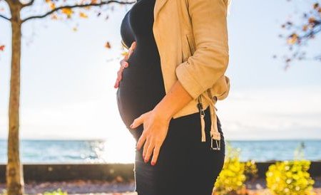 Eine schwangere Frau steht vor einem Gewässer. Davor stehen auf der linken Seite ein Baum und Büsche. Die Frau steht im Vordergrund und hat die rechte Hand zwischen Brust und Bauchansatz gelegt und die linke Hand an der linken Leiste. Die Sonne scheint auf das Gewässer.