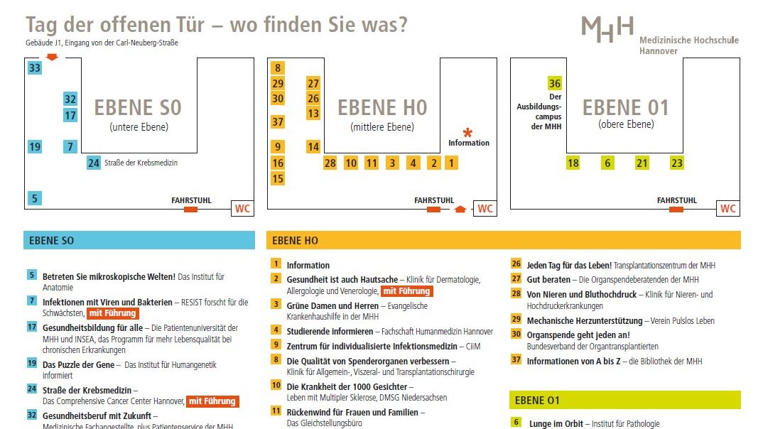 Standplan für den Tag der offenen Tür der MHH. Grafik mit drei Ebenen und farblich markierten Punkten. Darunter Legende, die die farblichen Punkte erklärt. 