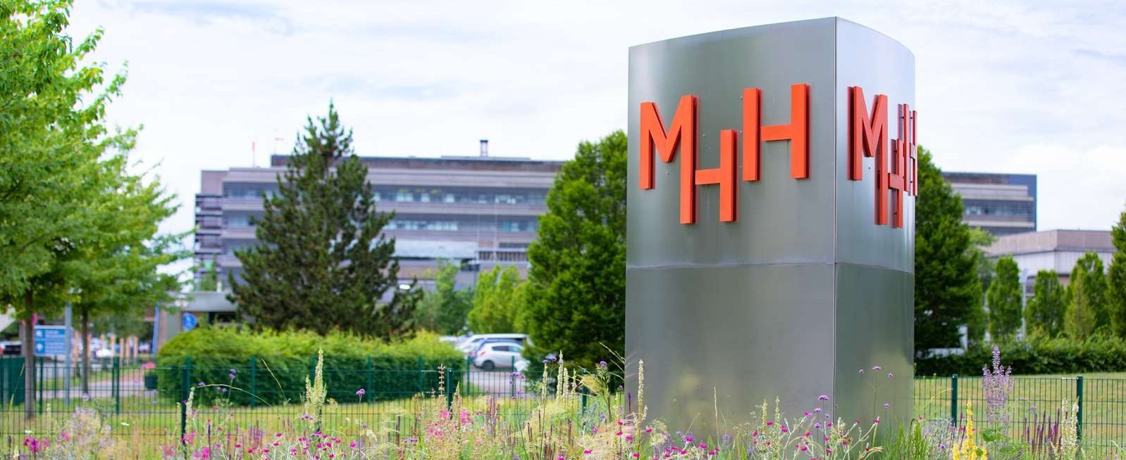 Metallgraue Stele mit MHH-Schriftzug an der Haupteinfahrt zum MHH-Campus