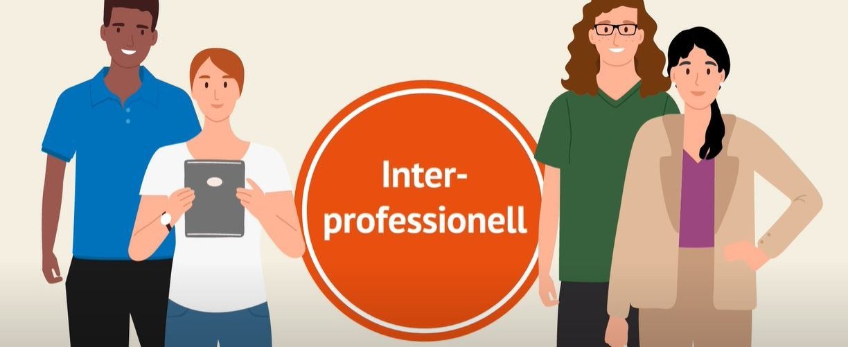 Grafik zeigt vier Personen, zwischen ihnen steht das Wort Interprofessionell