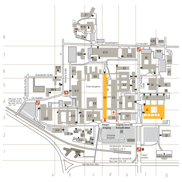 In the picture one can see the layout of the MHH. The buildings K6 and J2 are marked in orange.