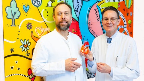 Professor Dr. Tibor Kempf (links) und Professor Dr. Johann Bauersachs stehen vor einer bunt gestalteten Wand, Professor Bauersachs hält ein Herzmodell in der Hand.