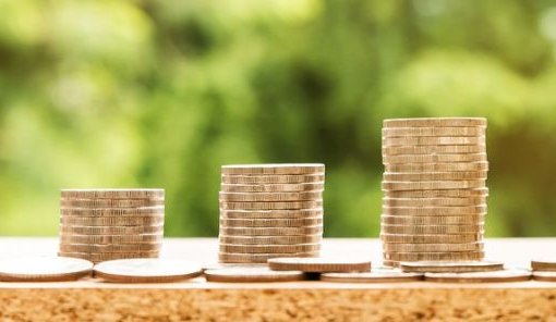  There are three different high stacks of coins on a wooden plate. In front of these stacks of coins are individual coins. In the background, green bushes can be seen in a blur.