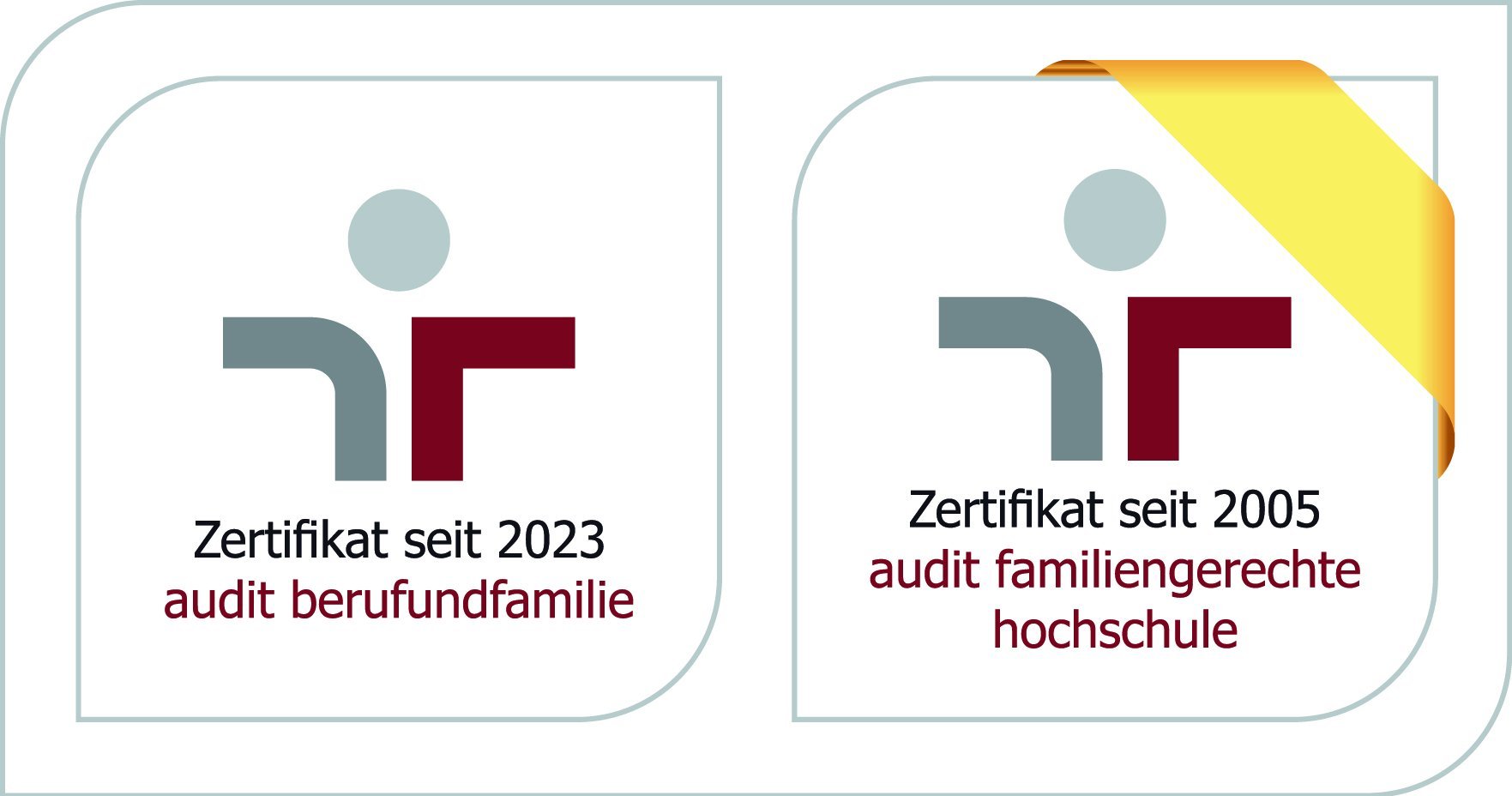 Copyright audit berufundfamilie Zu sehen sind zwei Auszeichnungen des audit; Zertifikat seit 2023 audit berufundfamilie und Zertifikat seit 2005 audit familiengerechte hochschule.