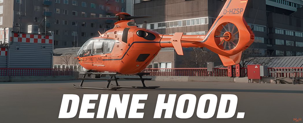 Der rote Rettungshubschrauber Christoph 4 steht auf dem Landedeck an der MHH. Darunter steht in weißer Schrift Deine Hood.