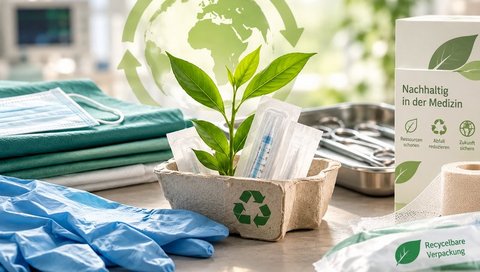 Nachhaltige Medizinprodukte und recycelbare Verpackungen neben medizinischen Einwegmaterialien, ergänzt durch ein Pflänzchen und ein Recycling-Symbol als Zeichen für Ressourcenschonung und Umweltschutz im Gesundheitswesen.