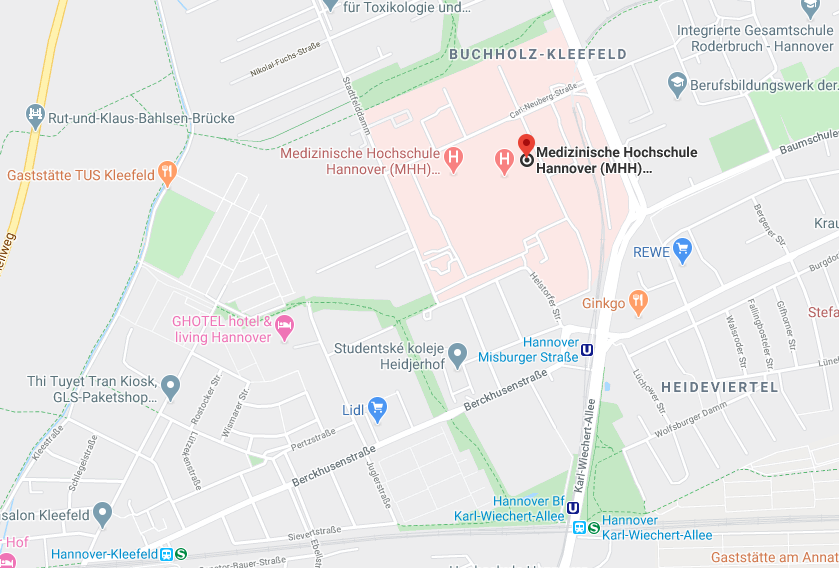 Umgebungskarte aus Google-Maps, auf der die MHH eingezeichnet ist.