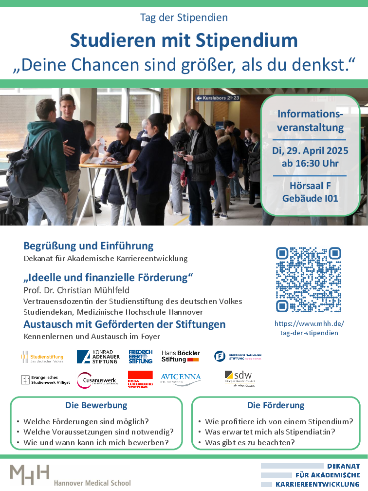 Plakat zur Veranstaltung, auf dem Menschen auf einem der Flure in der MHH zu sehen sind.