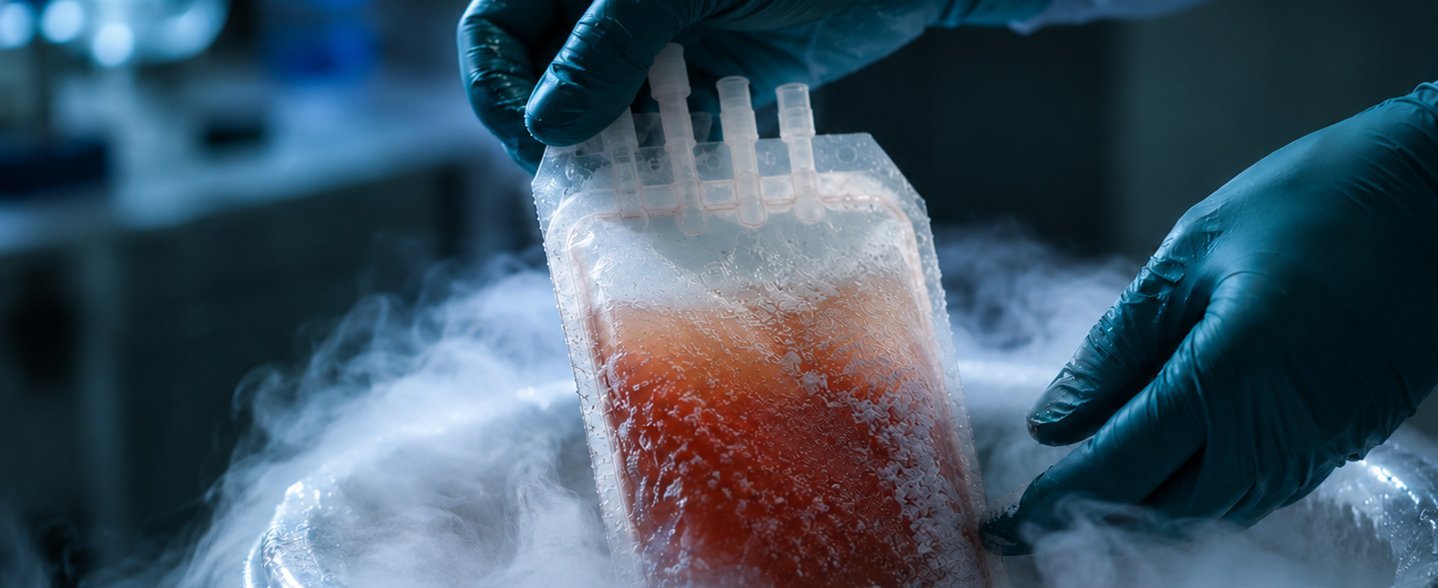 Arbeitshandschuhe platzieren eine Probe in einem Behälter mit extrem niedriger Temperatur, während aufsteigender Nebel die starke Kühlung sichtbar macht.