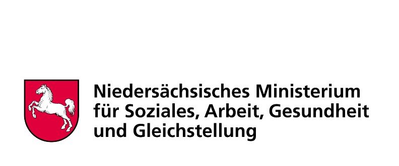 Logo des Niedersächsischen Ministeriums für Soziales, Arbeit, Gesundheit und Gleichstellung - Schriftzug und Wappen von Niedersachsen - steigendes, weißes Pferd auf rotem Grund