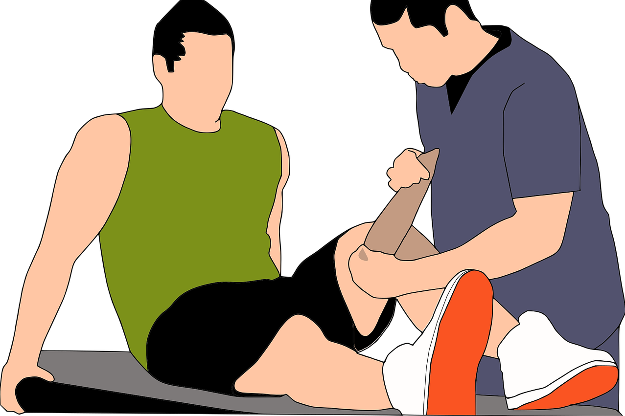 Illustration: einem Patienten auf einer Liege wird sein linkes Knie verbunden