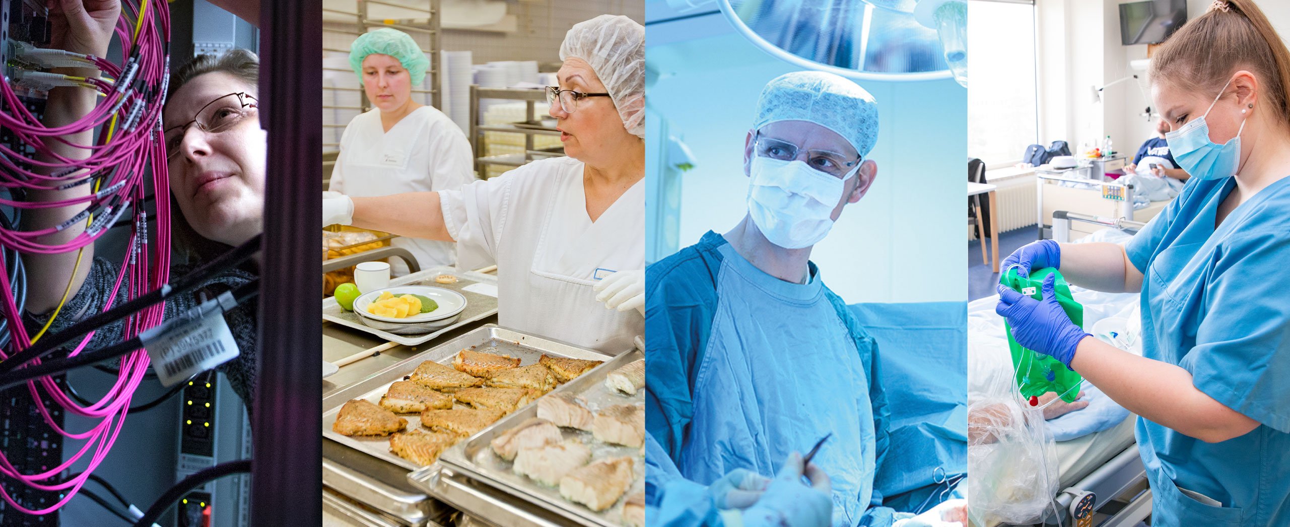 Collage of four pictures: A woman looks at a computer system with many cables. A woman in white protective clothing sorts food on tablets. A man in protective surgical clothing stands in an operating room. A man in a blue tunic checks an access at a patient's bed. 