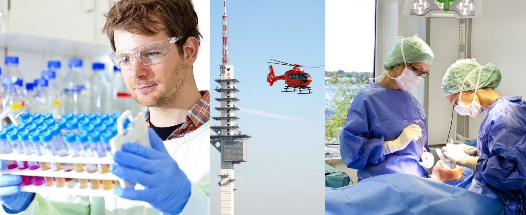 Three pictures: Researcher wearing protective goggles and bracket with tubes with fluids. A red helicopter is flying in the air. Two doctors in surgical protective clothing are standing at a treatment table on which a patient is covered.