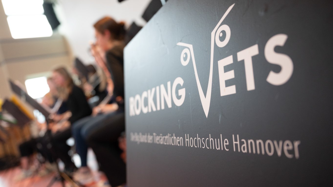 Nahaufname einer Holztafel mit dem Logo der Rocking Vets
