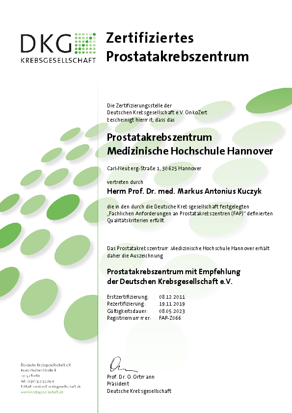 Zertifikat der DKG "Zertifiziertes Prostatakarzinomzentrum" Zertifikat der Deutschen Krebsgesellschaft