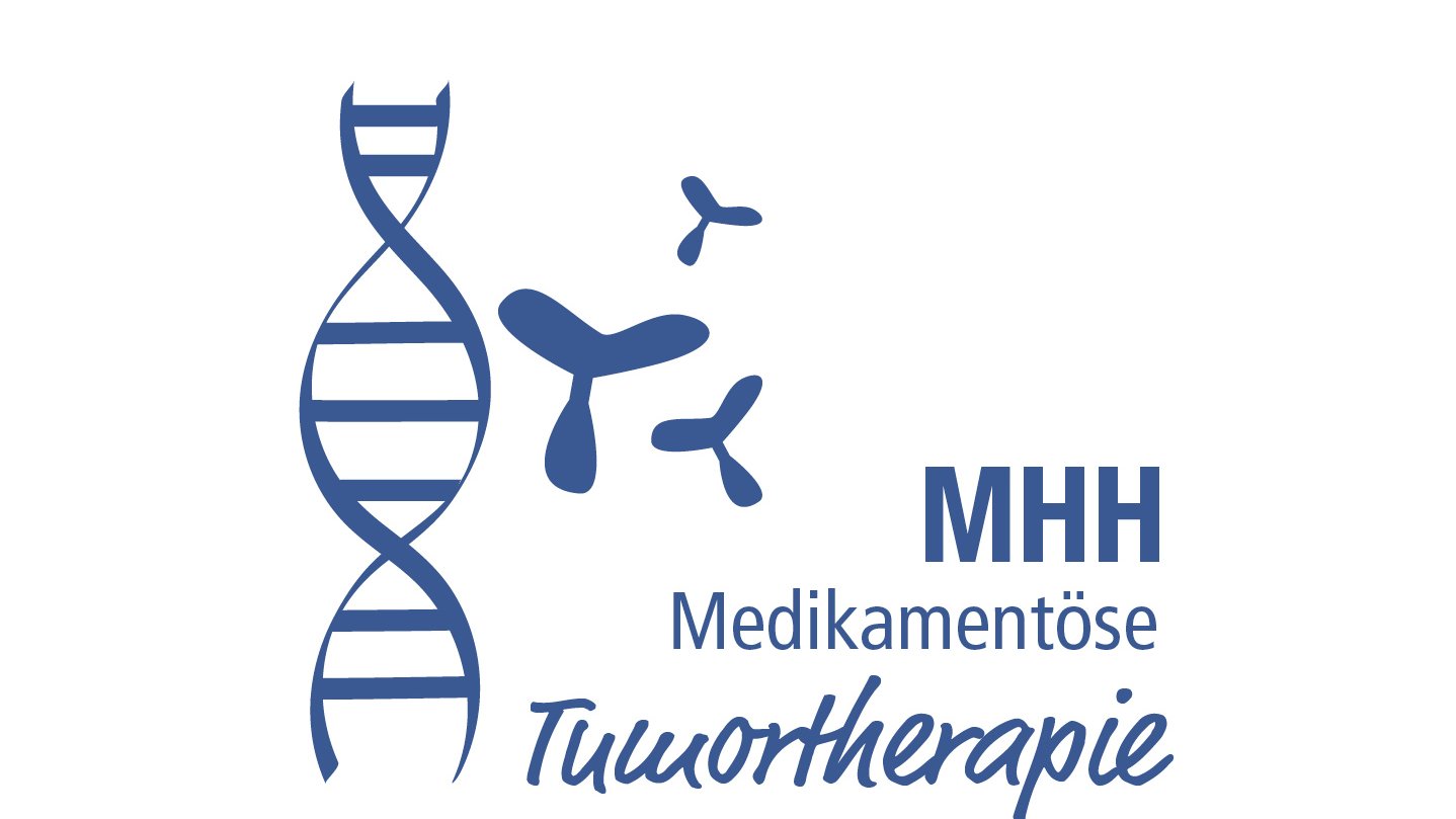 Logo der Gynäkologischen Medikamentösen Tumortherapie zeigt stilisierten DNA-Strang und 3 dreiarmigen Elementarteilchen