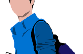 Illustration Student in blauem Hemd mit Rucksack und Mappe