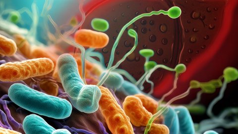 Symbolic representation of colourful, rod-shaped bacteria in front of a brown-red liver damaged by cirrhosis.