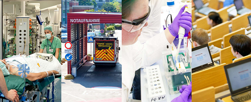 Collage: a patient is pushed on a stretcher into an operating theatre; entrance to the emergency room; woman in a white coat piping; lecture theatre with students, each with a PC monitor in front of them.