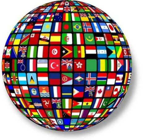Eine Weltkugel, die alle Flaggen der verschiedenen Länder zeigt.