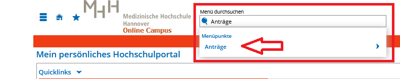 Menu durchsuchen mit Suchbegriff Anträge