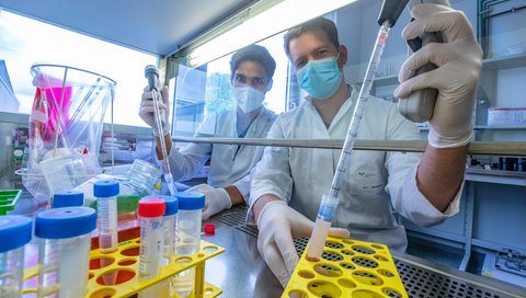 Dr. Simon Krooss (left) and Dr. Patrick Behrendt pipetting at a sterile workbench in a cell culture laboratory at MHH.