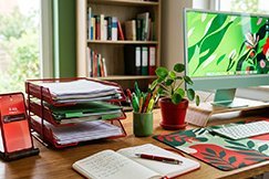 Schreibtisch mit Bildschirm, Tastatur, Blume und Telefon