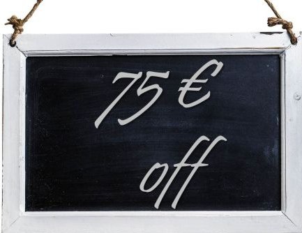 Coypright: Karen Arnold/Pixabay_a black chalkboard with a white frame, hanging on two ropes. The board says 75 Euro off.