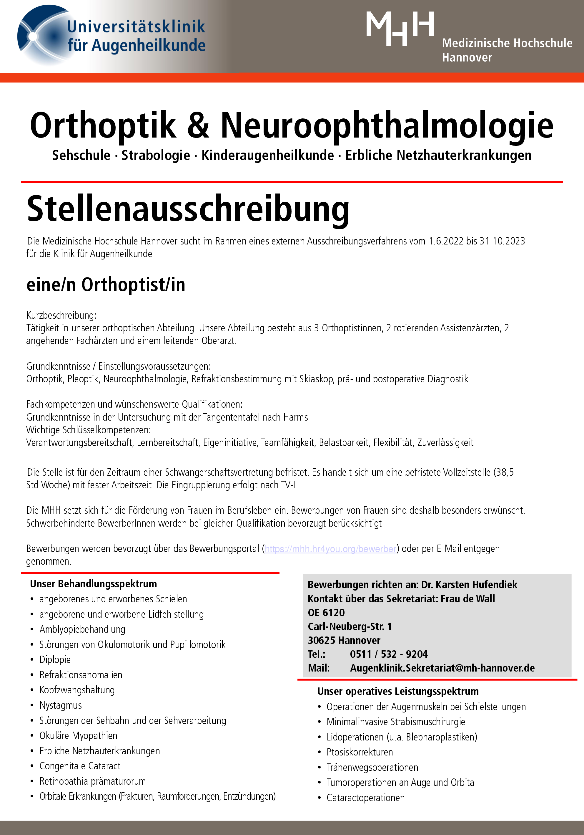 Stellenausschreibung befristet als Orthoptist/in