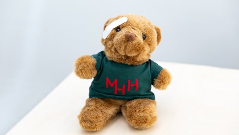 ein Teddybär trägt ein dunkelgrünes T-Shirt mit rotem MHH-Aufdruck. Über seinem Auge klebt ein kleines weißes Pflaster