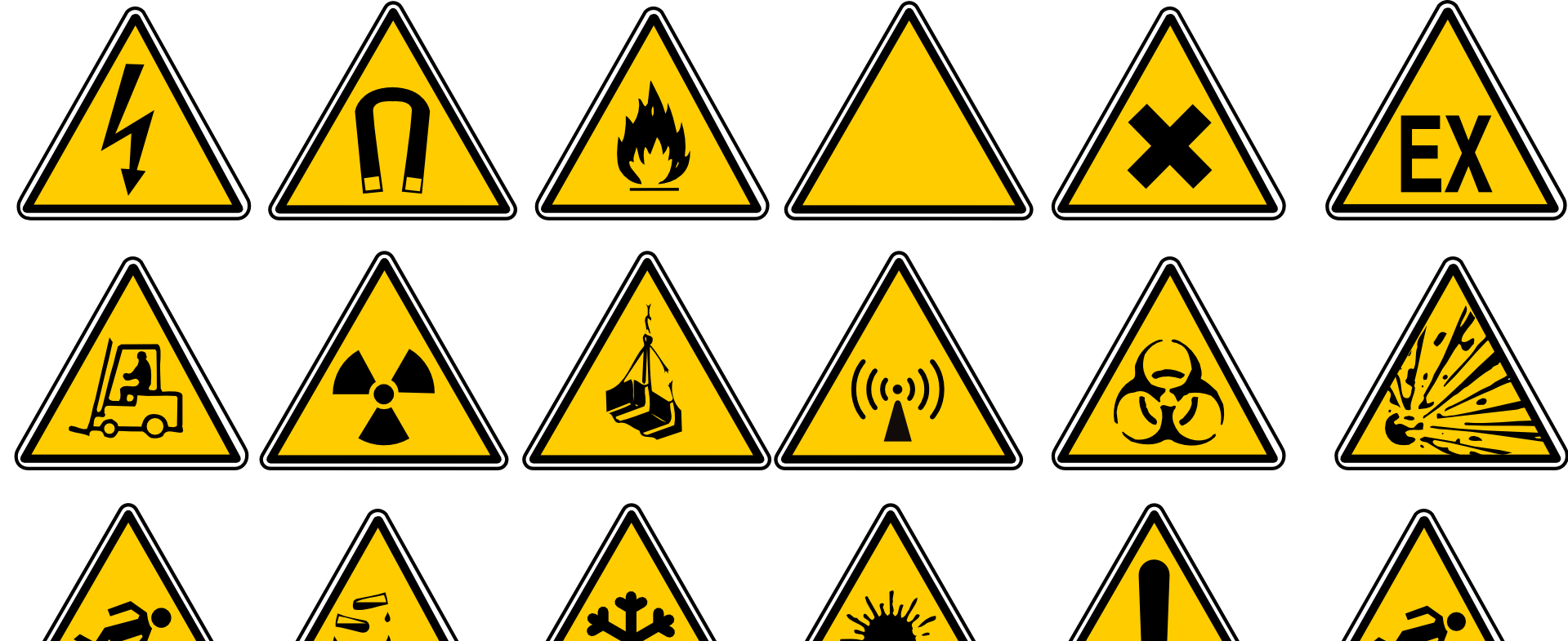gelbe Warnschilder zu diversen Gefahren am Arbeitsplatz