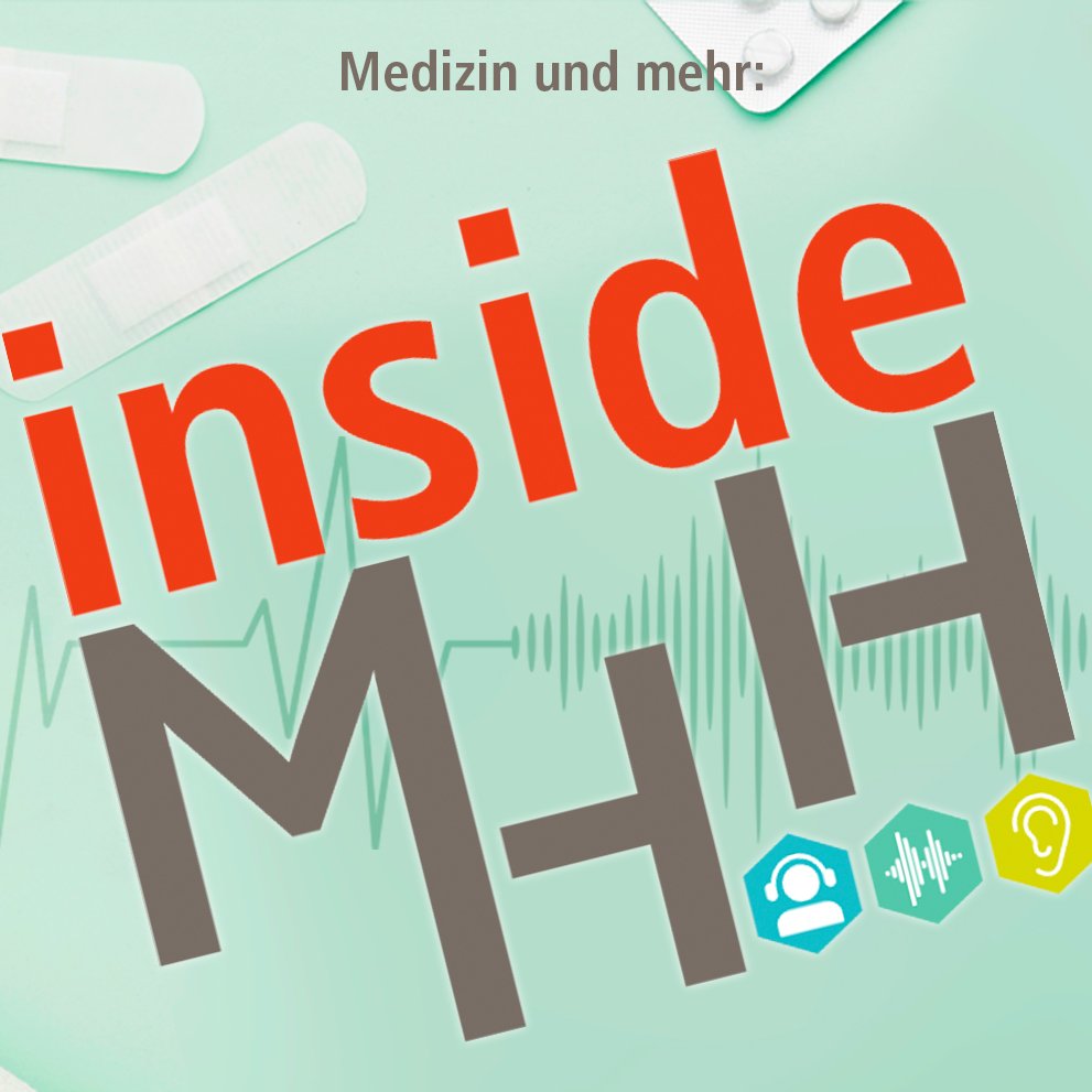 Grafik mit dem Schriftzug inside MHH Medizin und mehr. Der Hintergrund ist Mint-Grün. Man sieht Spritzen, Pflaster, ein Stetoskop und Tabletten. 