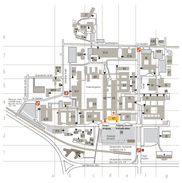 In the picture one can see the Layout of the MHH. The building K5 ist highlighted in orange.
