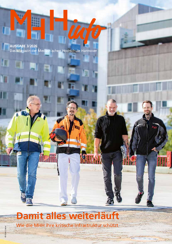 Titelbild des MHHinfos: Damit alles weiterläuft. Wie die MHH ihre kritische Infrastruktur schützt.
