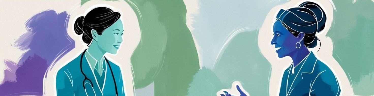 Aquarell-artiges Gemälde, welches zwei Frauen darstellt, die sich gegenübersitzen und miteinander reden. Eine von ihnen trägt einen Kittel und Stethoskop.
