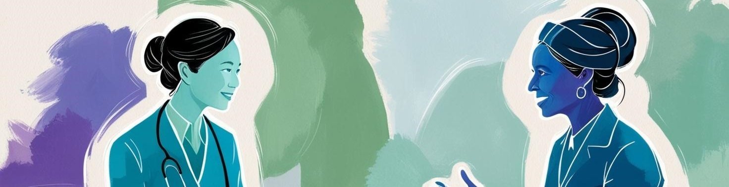 Watercolour-painting in cool colours: two women sitting in chairs, talking to one another.