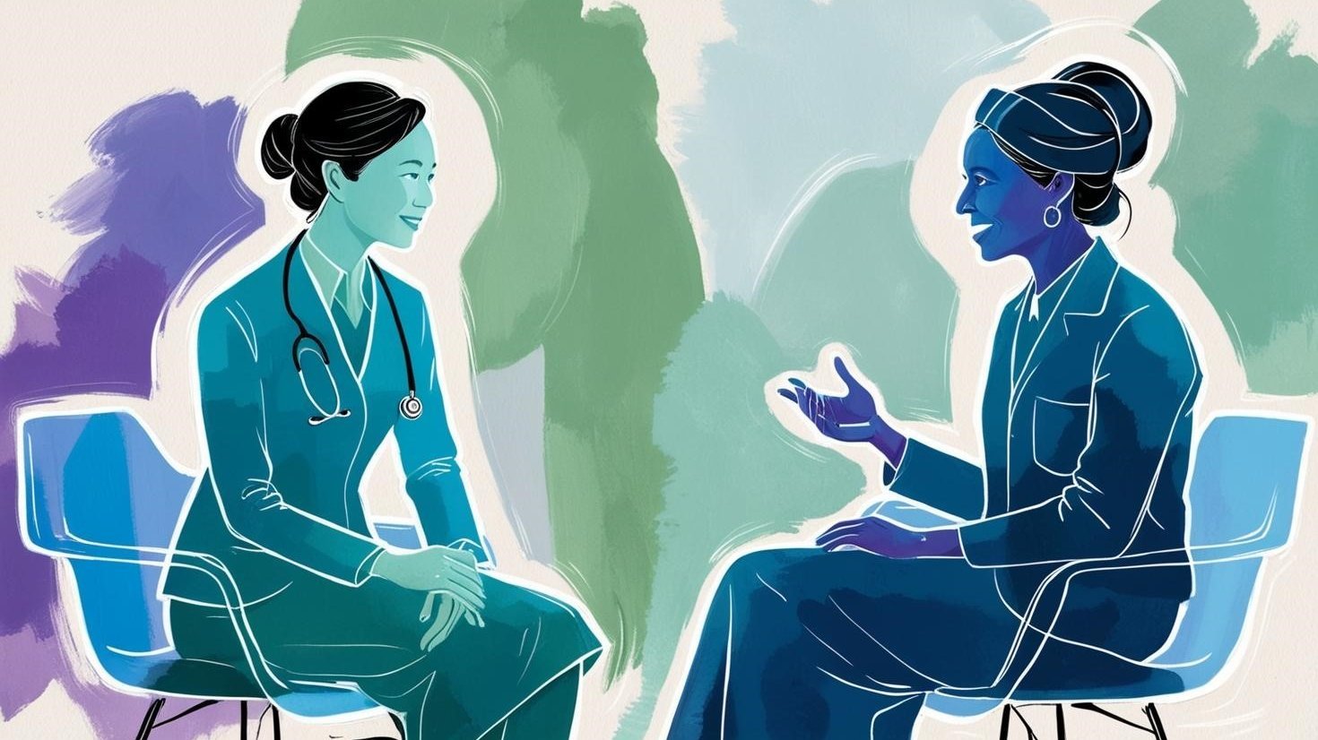 Watercolour-painting in cool colours: two women sitting in chairs, talking to one another.