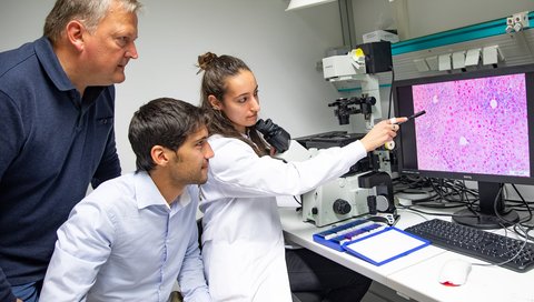 Professor Dr Michael Ott, Dr Simon Krooss and first author Dr Alice Rovai stand at a fluorescence microscope looking at the image of a mouse liver section.