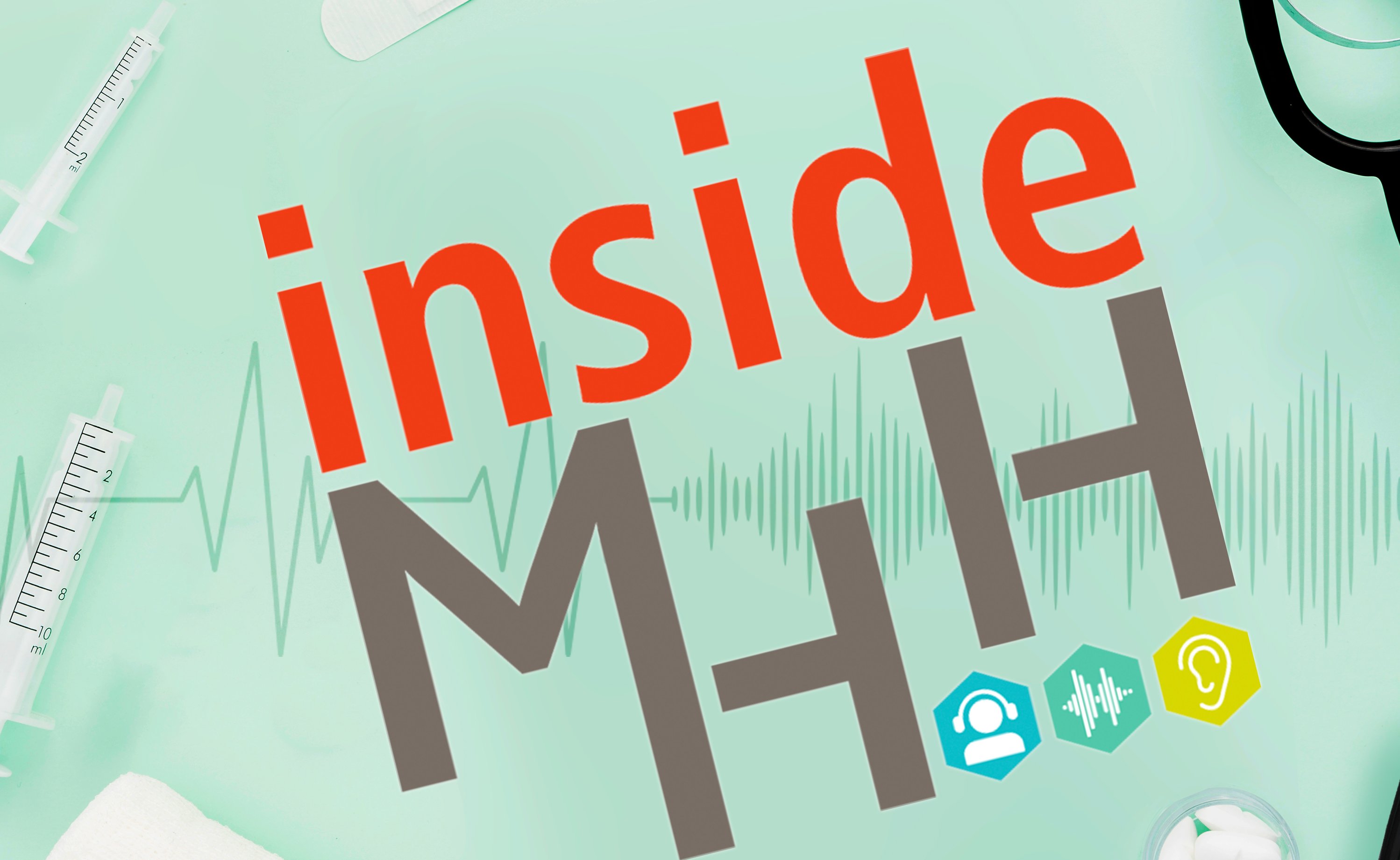 Grafik mit dem Schriftzug inside MHH. Hintergrund mintgrün mit EKG-Kurve, Spritzen und Pflastern.